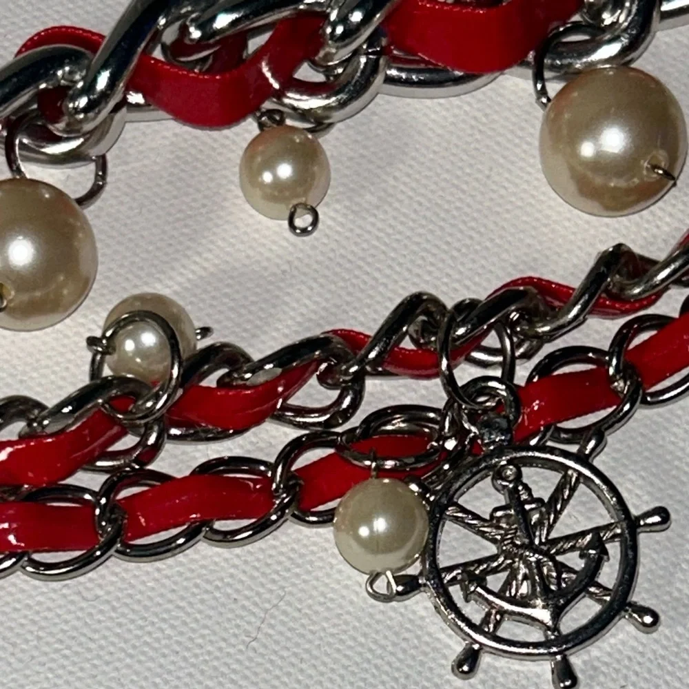 ⚓️Vintage Nautical Charm Silver Link Chain Red Leather Belt Anchor Rolfs